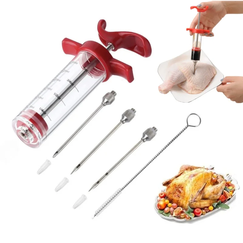 Meat Injector Syringe With 3 Stainless Steel Needles for BBQ Grill Turkey Chicken Marinade Flavor Injector Kit Cooking Tools