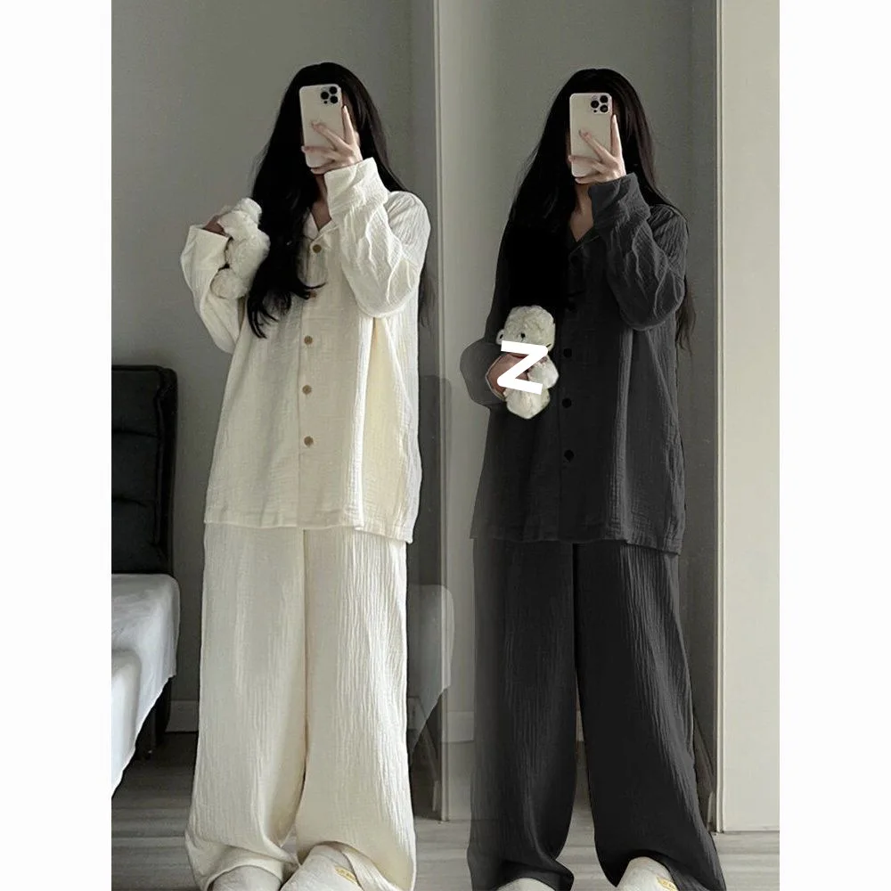 

Korean Sleepwear Women Pajama Sets Solid Color Ruffles Pants Sets for Women 2 Pieces Autumn Night Wears Button Home Suit