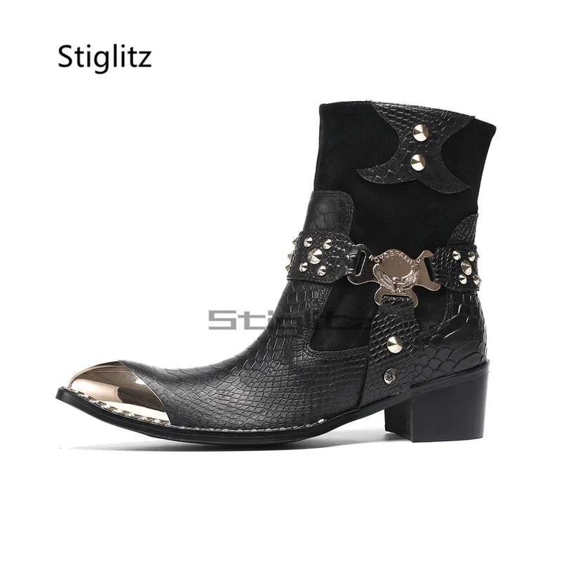 Alligator Leather Black Men's Rivet Boots Black Genuine Cow Leather High Heels Ankle Chelsea Boots Metal Toe Side Zipper Shoes