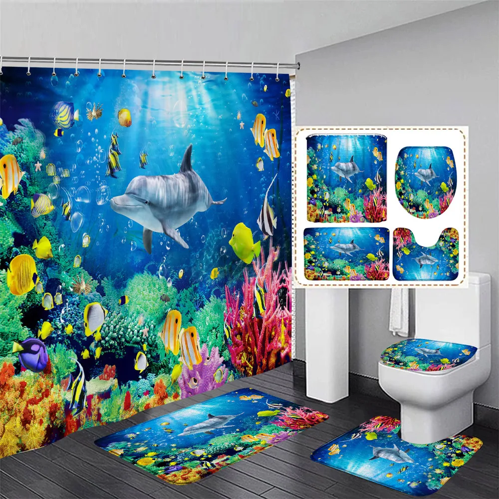 Funny Dolphin Shower Curtain Set Cute Ocean Animals Coral Underwater Scenery Bathroom Decor Non-slip Rug Bath Mats Toilet Cover