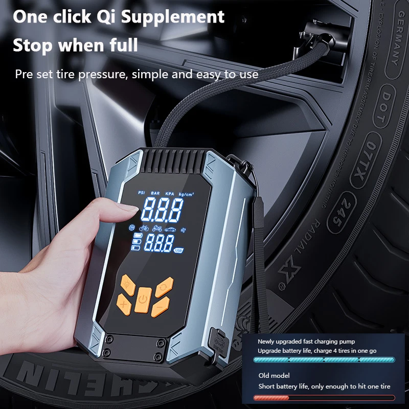 LED dual screen digital display, real-time monitoring of battery and tire pressure, wireless vehicle air pump