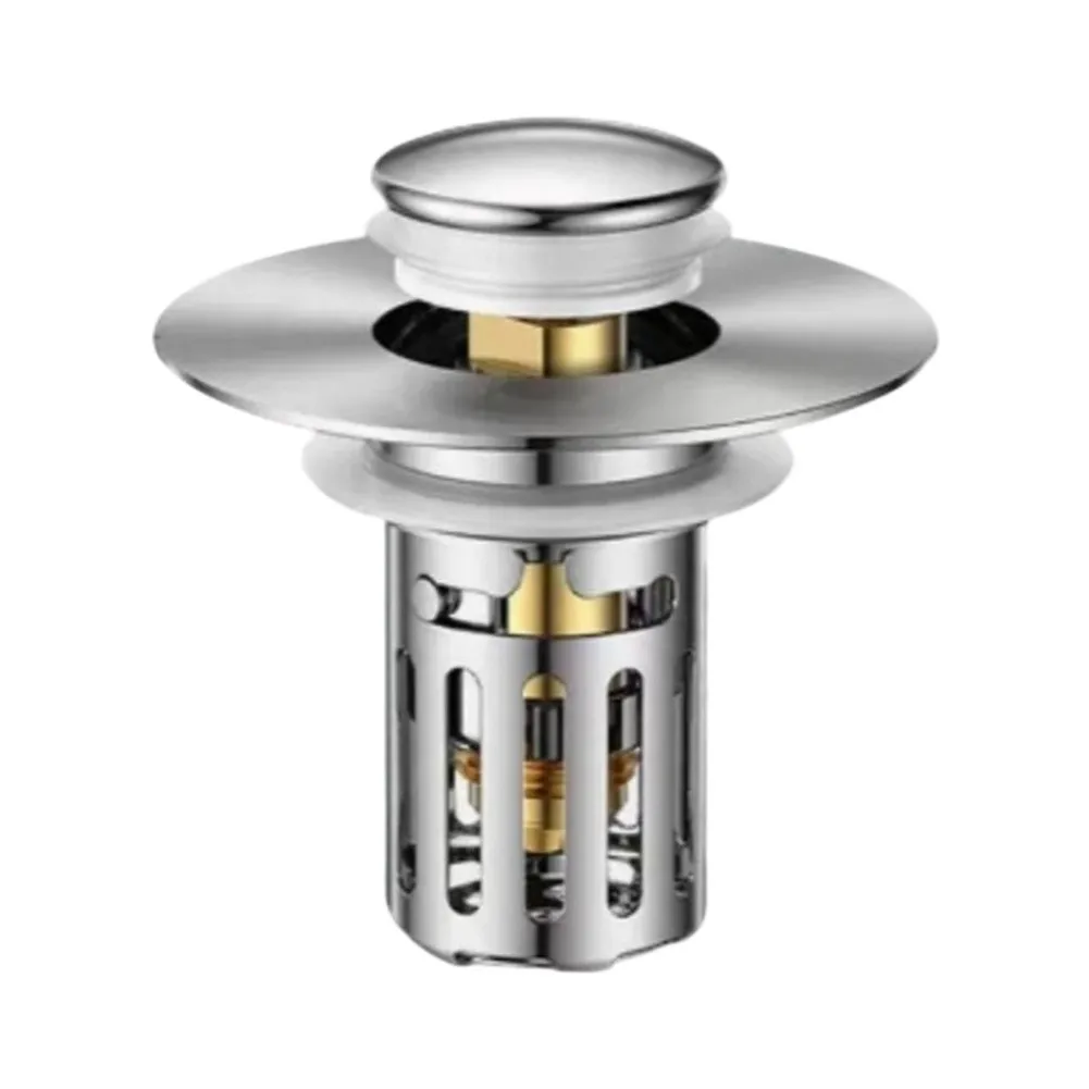 Push Button Drain Stopper for 40mm Sink Openings Featuring ABS Housing Brass Head and Removable Stainless Steel Filter Basket