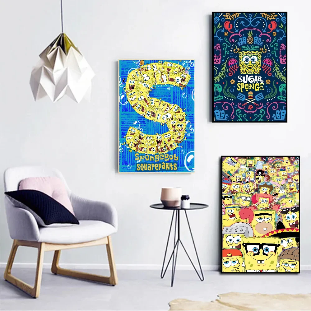S-SpongeBobs SquarePants ملصقات كلاسيكية عتيقة ، لوحة زخرفية ، ورق كرافت أبيض ، فن حائط ، ديكور غرفة كاواي #6