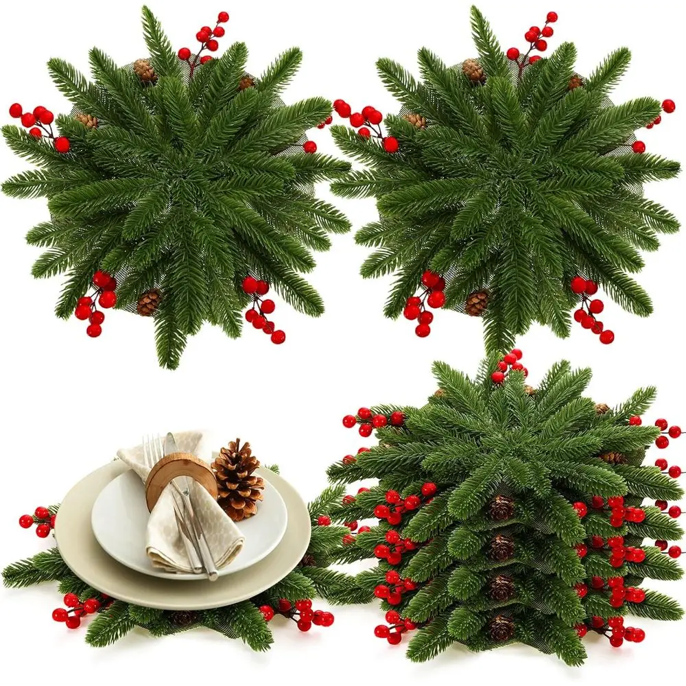 

Set of 6 Christmas-themed Round Placemats with Pine, Cones & Red Berries for Festive Dining and Decorations