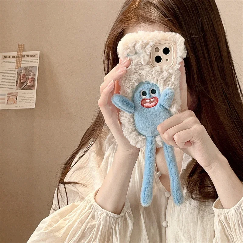 Warm Plush Hair Fluff Toy Soft Phone Case Cover For Huawei P40 P50 P60 Pura 70 Pro Cute Pull the cartoon Fluffy Back Cover Case