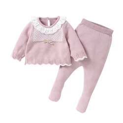 2pcs Autumn Winter Doll Collar Long Sleeve Sweaters + Solid Color Long Pants Baby Girls Clothing Sets Baby 0-9M Tops & Bottoms