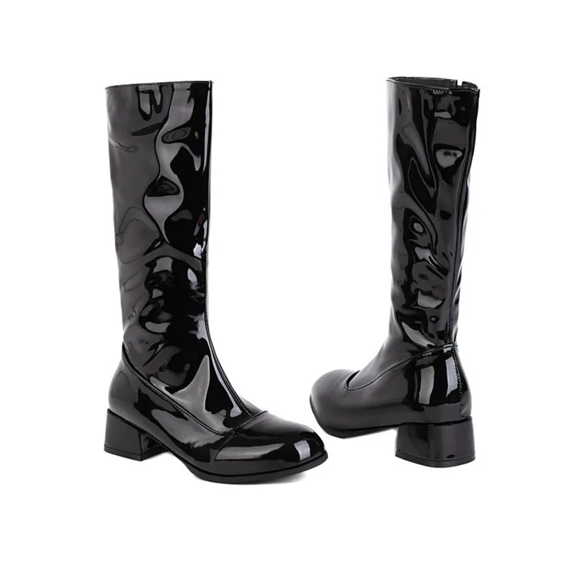New Women's Long Boots Patent Leather Knee High Boots Simply Square Toe Thick Heels Winter Women Shoes Zapatos De Mujer WSH5390