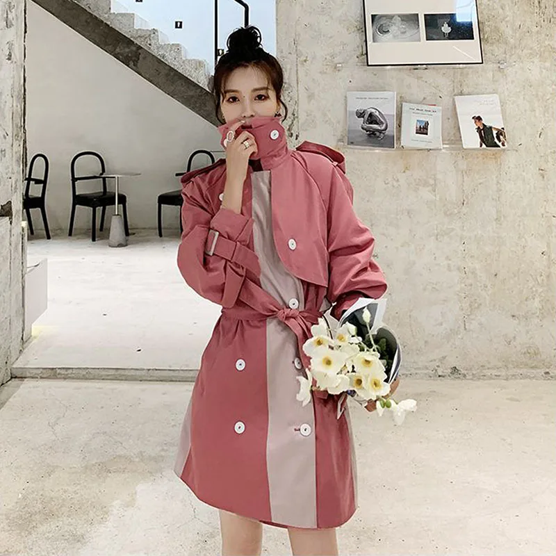 Imagem -03 - Blusão Curto Casual Rosa com Faixas para Mulheres Trespassado Duplo Cor de Contraste Lapela Manga Comprida Trench Coat Feminino Novo Primavera