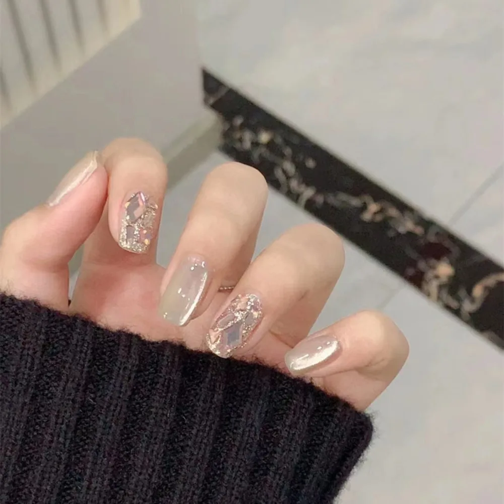 Olho de gato francês unhas falsas wearable manicure forma quadrada unhas falsas cobertura completa ano novo natal imprensa em unhas feminino