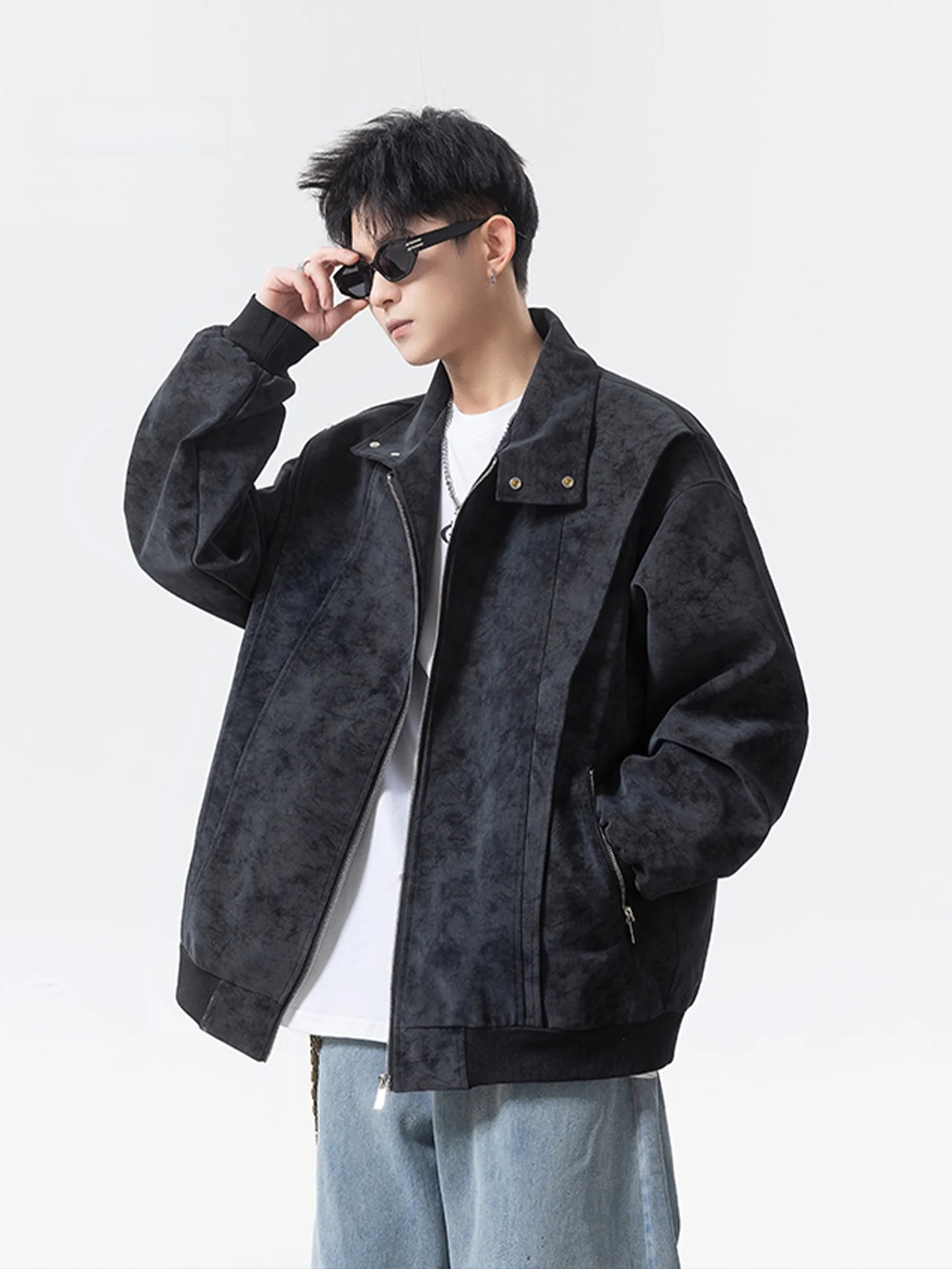 

American Retro Men's Dyed Flight Jaet Leather Coat Loose Workwear Outerwear Autumn Season Youth Faion Polyester Fiber