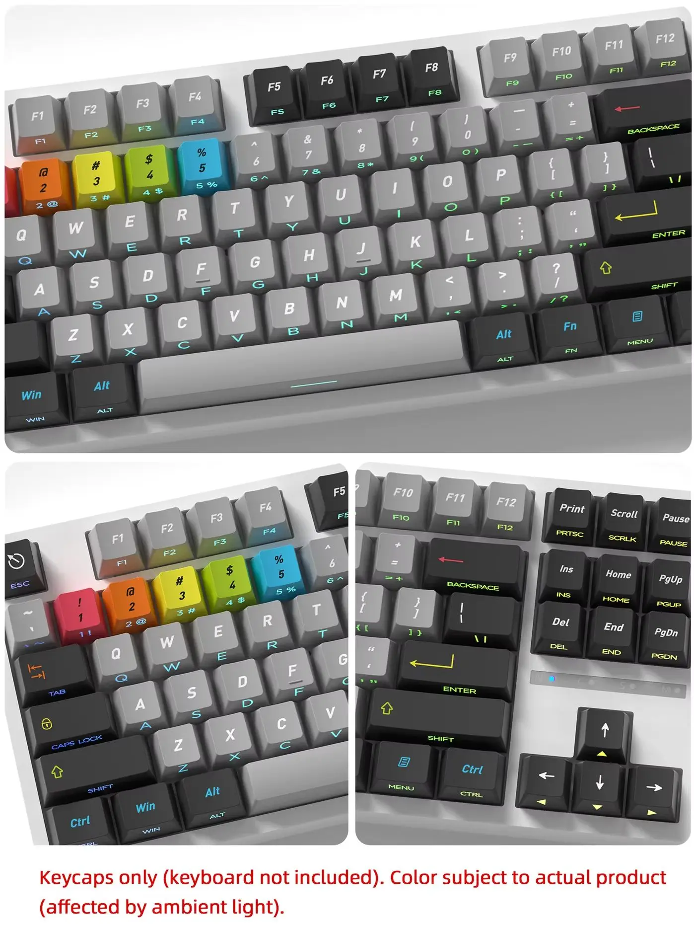 Szare klawisze z bocznym podświetleniem Gray Prelude, 128 klawiszy, materiał PBT, profil Cherry, klawisze do klawiatury mechanicznej z przełącznikami MX, układ ISO ANSI. — zdjęcie produktu 7