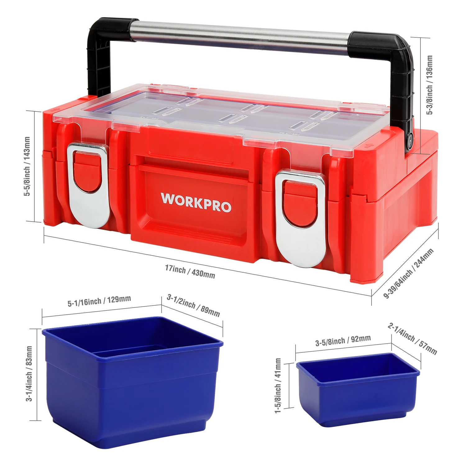 WORKPRO 17-inch Plastic Tool Box Red Storage Box with Locking Lid and Stainless Steel Handle, 18 Adjustable Compartments for So