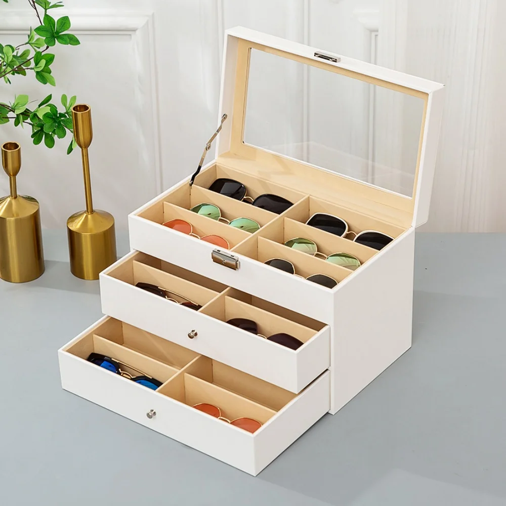 

Новый 3-слойный 18-сетчатый белый ящик для хранения очков из искусственной кожи, большая вместительная витрина для очков, солнцезащитных очков с ящиком для крышки, подарки