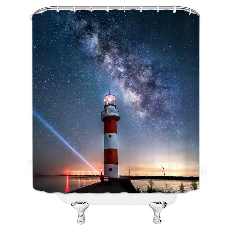 Lighthouse Shower Curtain Themed Starry Night Sky Bath Decor