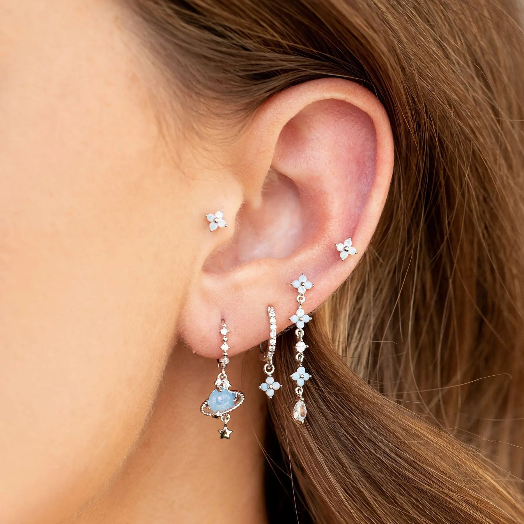 New Ins Vintage Cute Circle Star Saturn Earrings Exquisite Blue Planet Zircon Hoop Earring For Women Girls Fashion Jewelry Gift