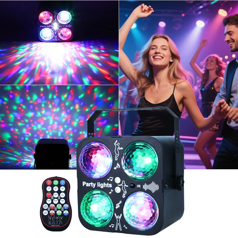 

RGB светодиодный диско-светильник, вращающийся DJ-шаровой стробоскоп с дистанционным управлением и звуком для вечеринки, клуба, лазерного шоу, стробоскоп, волшебный танцевальный подарок