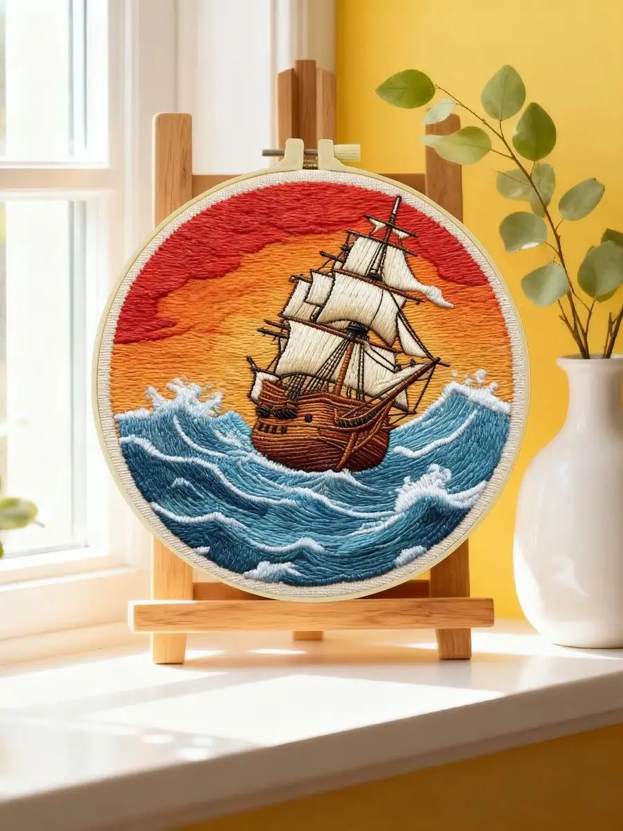 1 Stück 20X20CM/15X15CM 7,87/6,3 Zoll Segelboot-Stickerei-Starter-Kit DIY-Kit DIY-Stickerei-Set für Anfänger – Detail 6