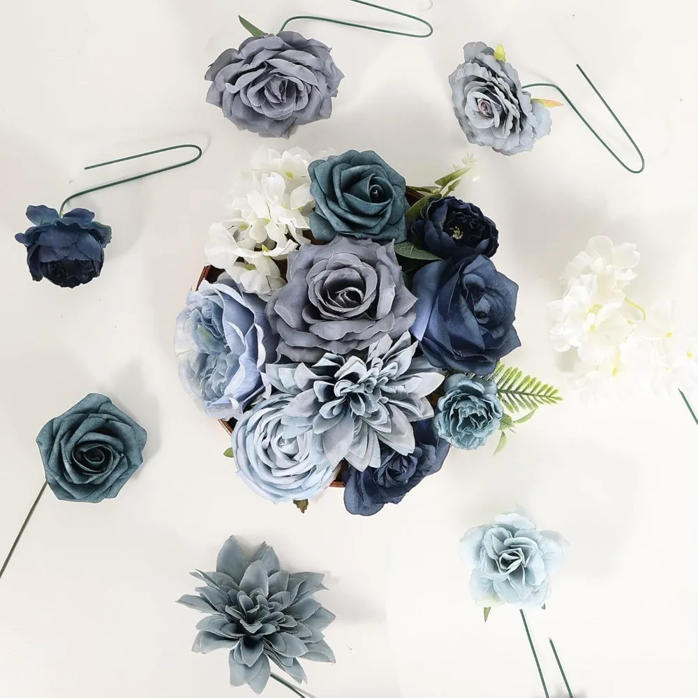 مجموعة صناديق كومبو من الزهور الاصطناعية باقة زهور زرقاء مغبرة لترتيبات قطع مركزية لحفلات الزفاف وحفلات الزفاف