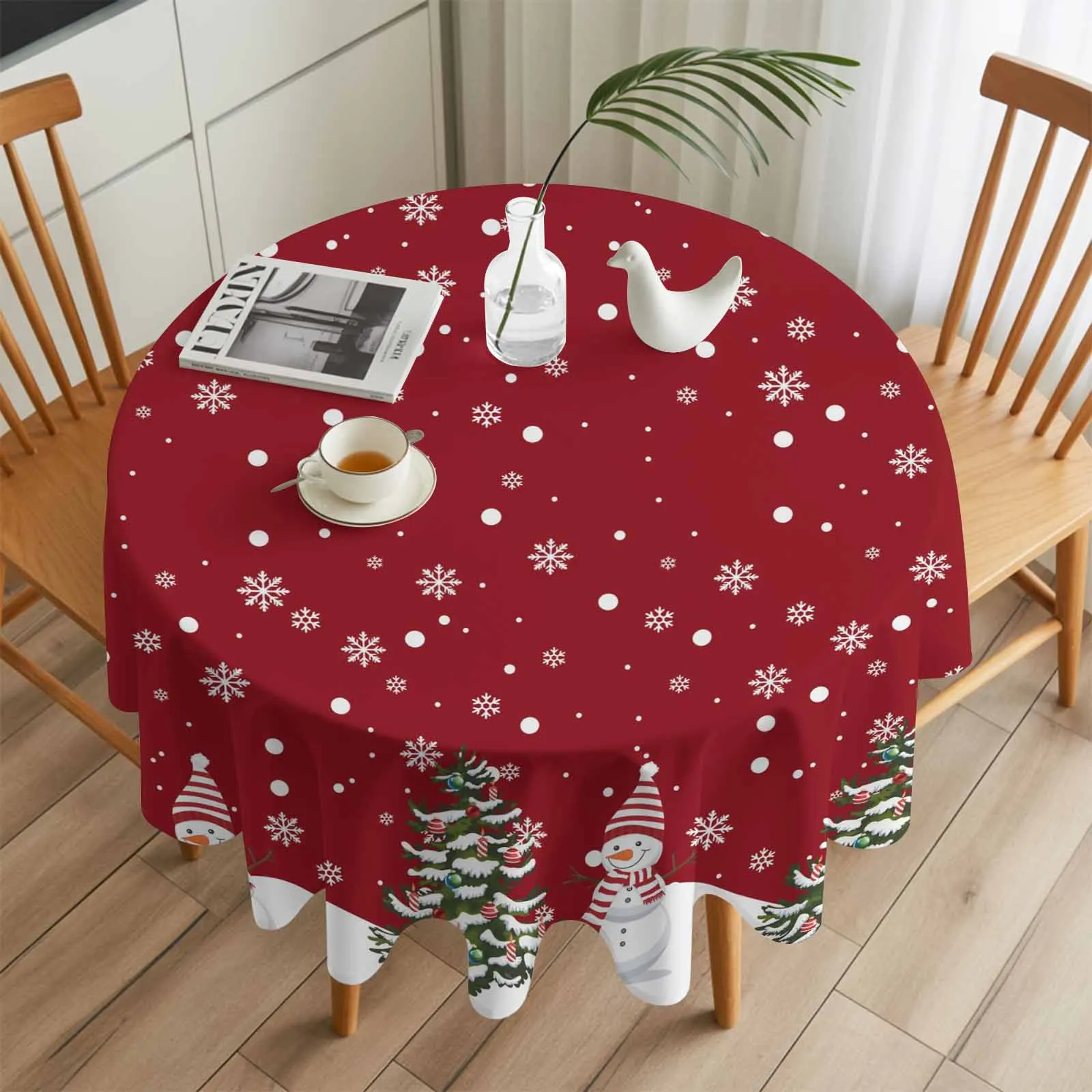 

Winter Red Christmas Tree Snowman Round Table Cloth Festival Dining Tablecloth Waterproof Table Cover for Wedding Party Decor