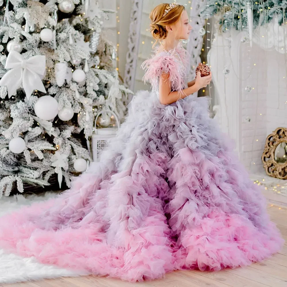 Luxury Quality Feathers Flower Girl Dress Beading Prom Ball Gown for Kids Princess Wedding Birthday Communion Party Gowns