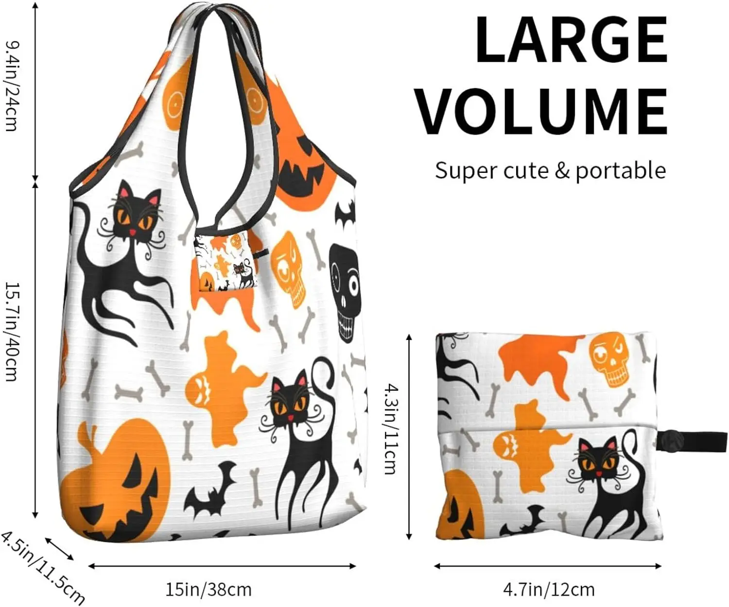 Skull Halloween Black Cat Bone Shopping Bags Reusable Washable Foldable Shopping Bags Recycling Bags Portable Shopper