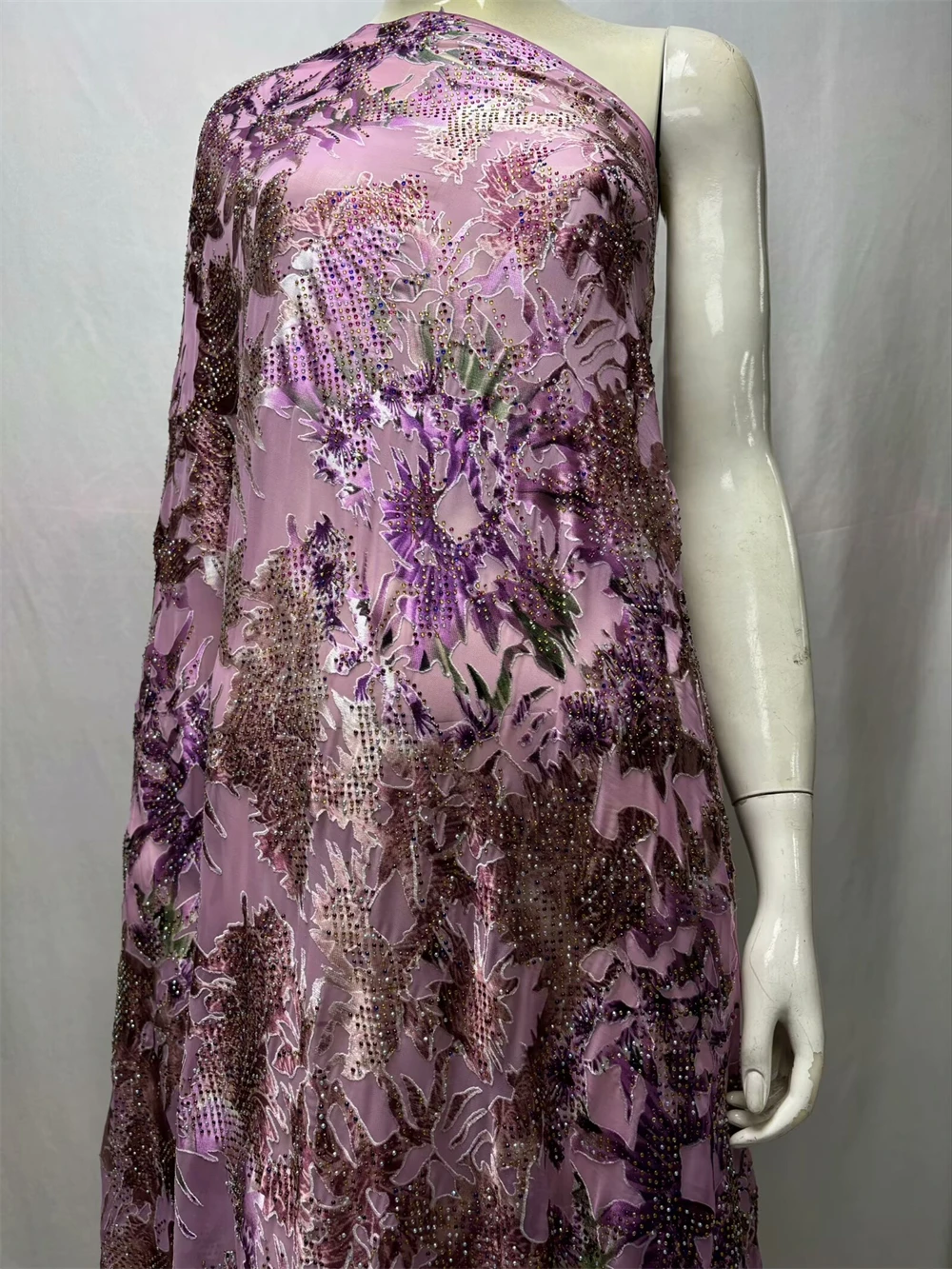 وشاح دانتيل تول من نسيج الحرير الأنيق بالحجارة تصميم فاخر فستان حريري محترق مادة دبي جودة عالية، 5 ياردات