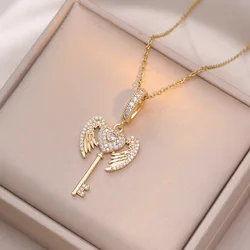 Fashion Luxury Zircon Angel's Wings Heart Key Pendant Necklaces Stainless Steel Chain Gifts for Women Girls Party Accessories