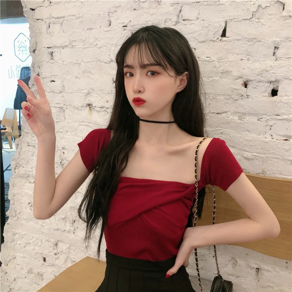 عبر طوق قبالة الكتف المحاصيل القمم بلون الملابس النسائية تي شيرتات قصيرة الاكمام قاع قميص سليم تي شيرت النساء الطرف #1