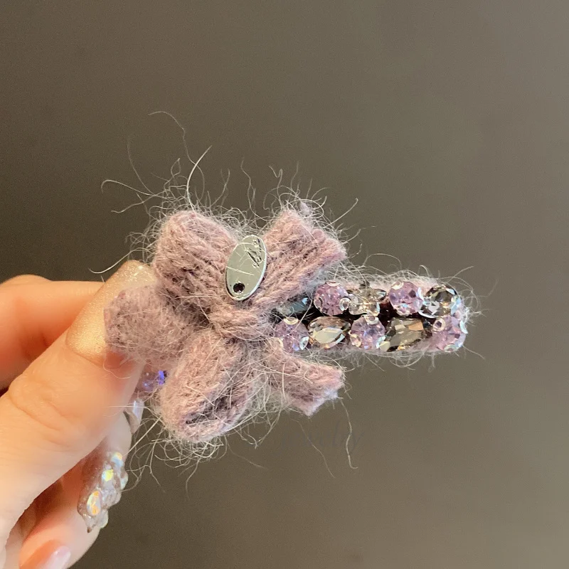 

Purple Gentle Yarn Bowknot Shiny Diamond Hair Clip for Women Autumn Winter Hair Accessories Bangs Clip Versatile High-end Side C