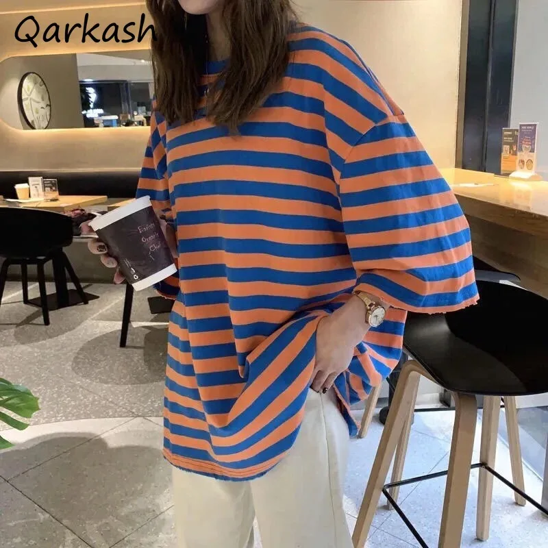 

Short Sleeve T-shirts Tops Women Striped Vintage Contrasting Colors New Korean Style Loose Cozy Summer Fashion Chic Streetwear
