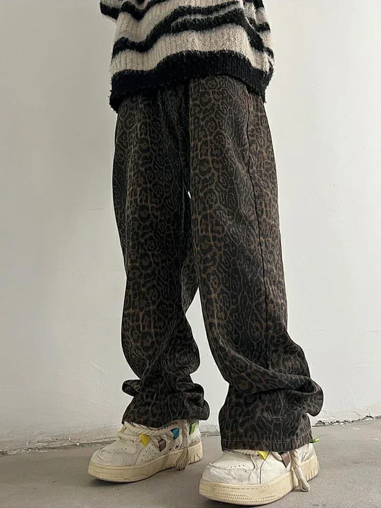 Leopard Jeans for Men Denim Pants Male Oversize Wide Leg Trousers Streetwear Hip Hop Vintage Clothes Loose Casual