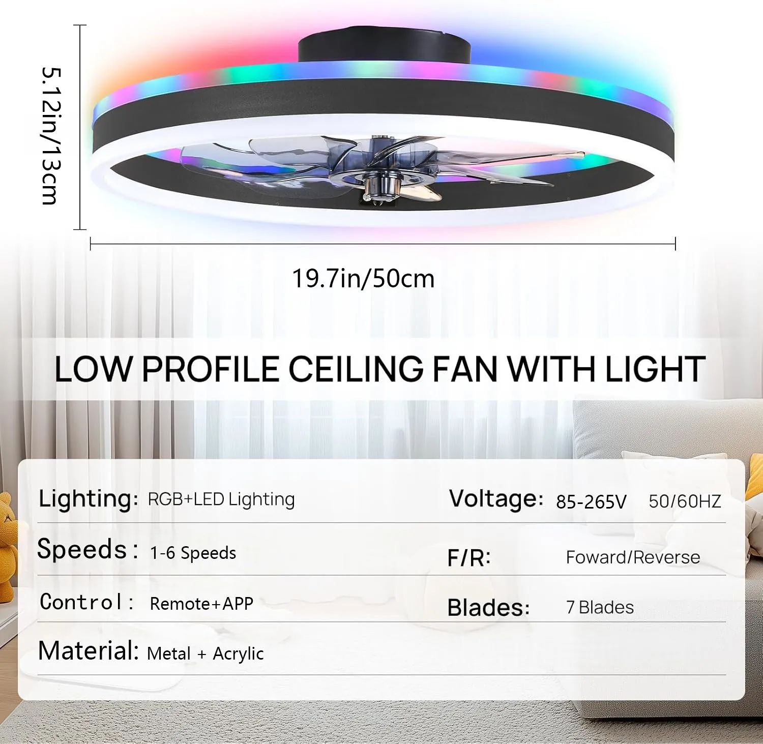 مروحة سقف ذكية RGB مروحة 6 سرعات + تأثير السماء المرصعة بالنجوم، ضوء مروحة سقف حديث ومنخفض المفتاح مع أضواء LED #1