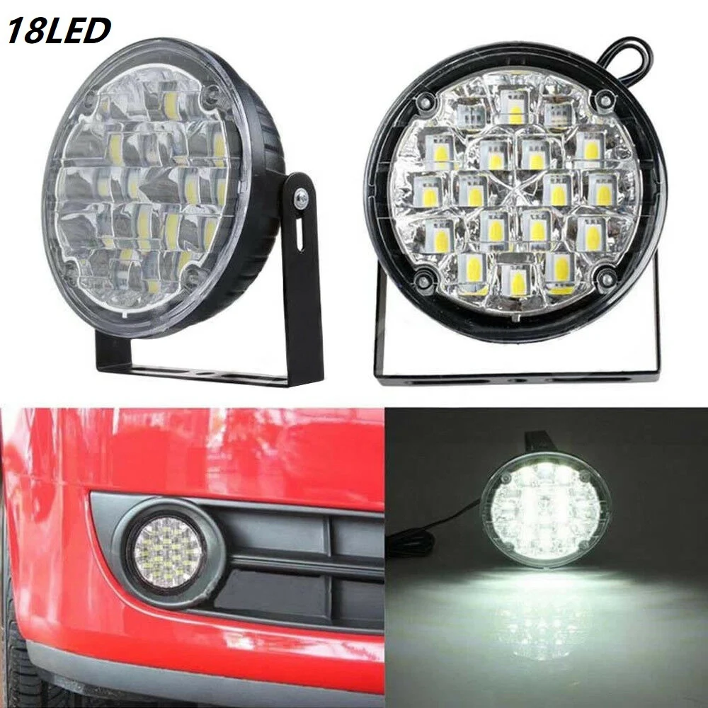 2Pcs DC 12V 18 LED DRL Round Car Fog Lamp Driving Daytime Running Light White