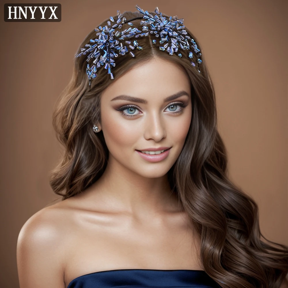 HNYYX Blue Crystal Crown Fashion Headband for Women Luxury Beaded Flower Hair Hoop Vintage Hair Accessories Wedding Tiara A112