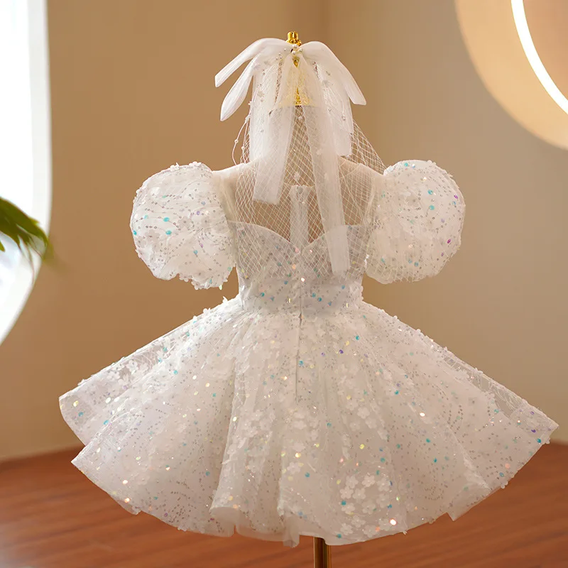 Cute Bling Sequined Tulle Knee-length Princess Tutu Ball Gown Flower Girl Birthday Carnival Pageant Performence Party Dress