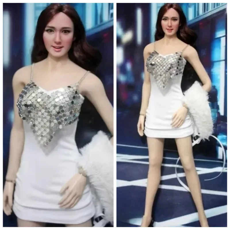 

1/6 Scale Female White Elegant Sexy Slip Dress with Collar Scarf Bling Necklace Clothes Model for 12'' Action Figure Doll