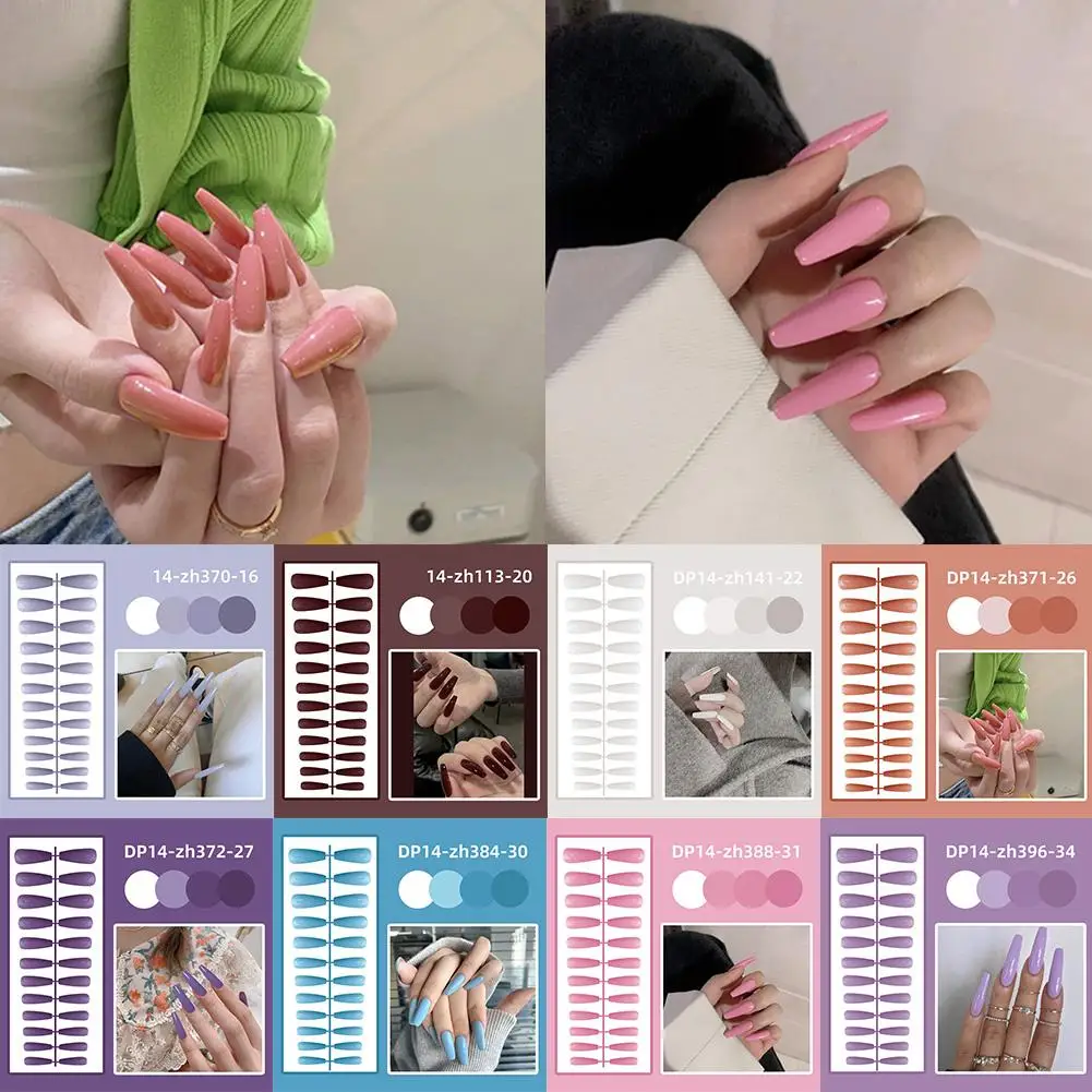 24 Pieces Long Ballet Shiny Trapezoidal Solid Color To Nails Ins Stickers Easy Wearable Reusable Remove Jelly Finished Glue R0I5