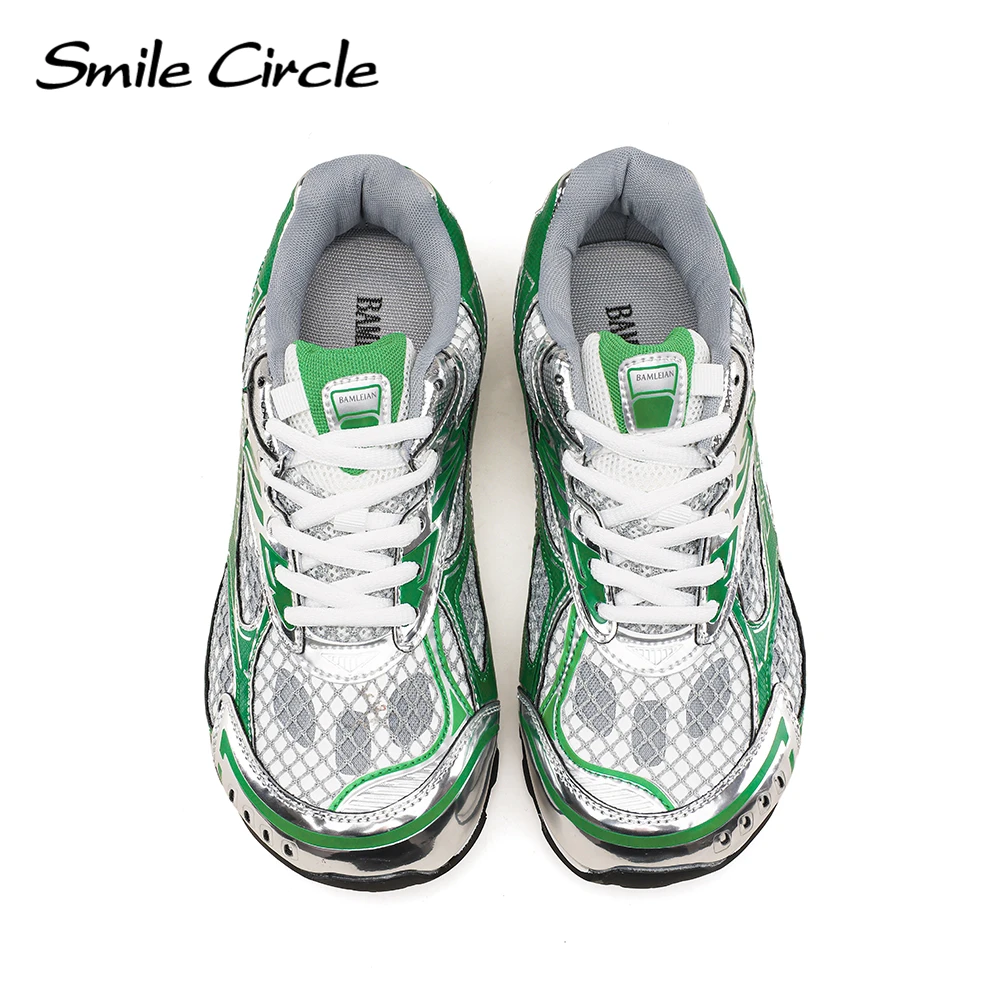 Smile Circle Orbit Sneakers Women Retro Lace-up Round toe Trainers Breathable Mesh Casual Shoes Silver/Green/Burgundy