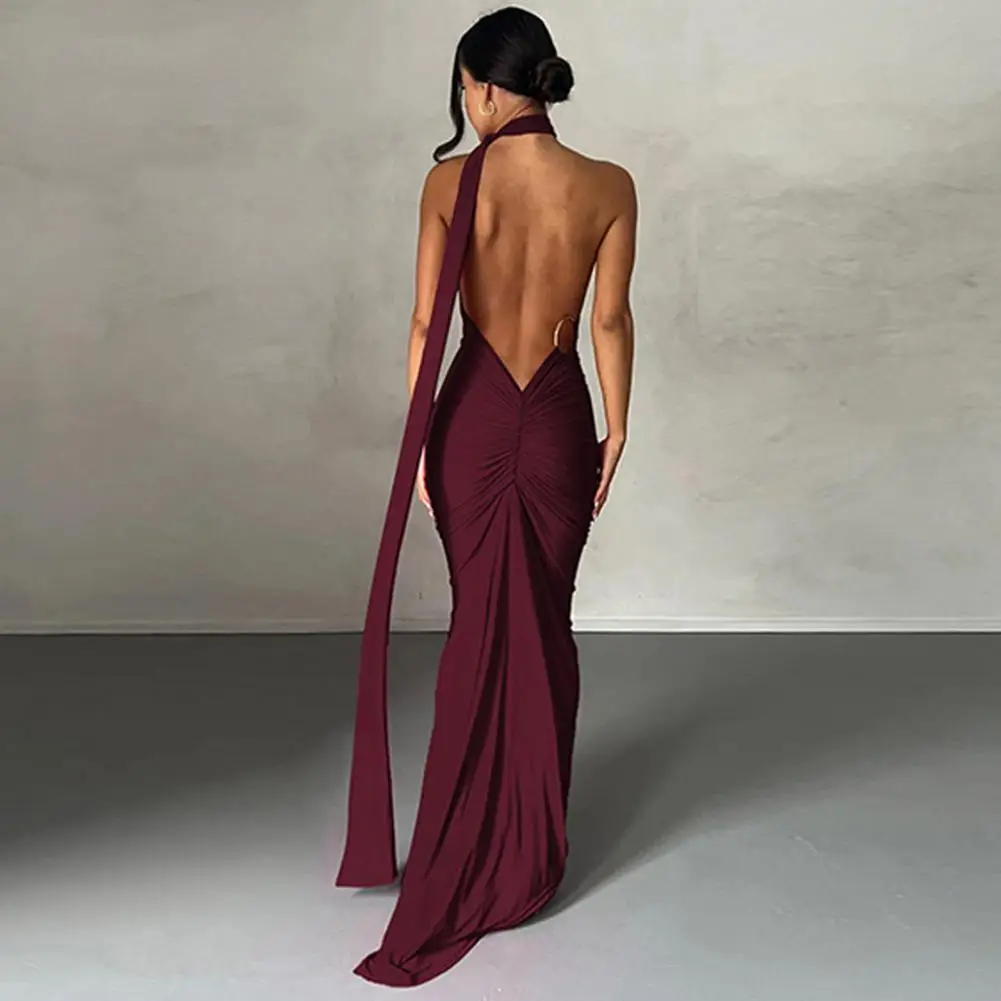 Solid Color Backless Dress Pleated Dress Elegant Halter Neck Maxi Dress for Women Irregular Skinny Fit Backless Evening Gown