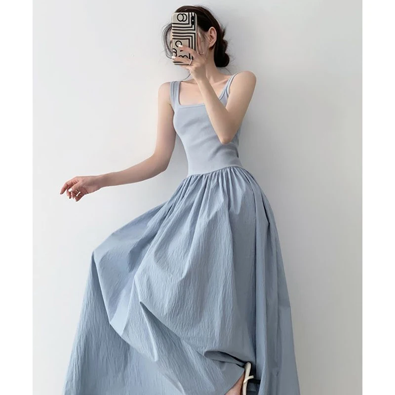 Elegant Sleeveless Camisole Dress Women Fashion Patchwork Slim A Line Mid Length Dress Korean Solid All Match Camis Dresses