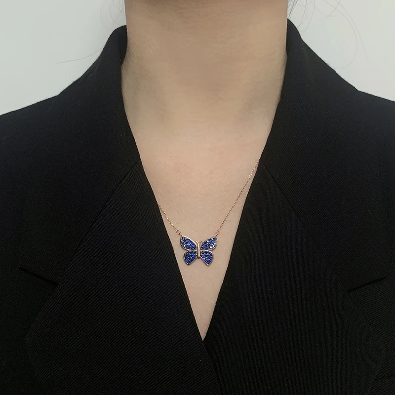 New S925 Sterling Silver With Full Of Diamonds Coloured Butterfly Necklace Pendant Female Collarbone Chain Ins Minimalist Models