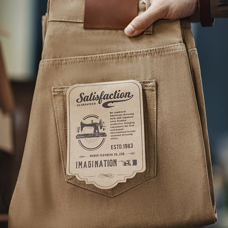 Madden ملابس العمل الأمريكية الرجعية الكاكي الجينز الخام آذان حمراء عامي الكاكي الدينيم السراويل المستقيمة الرجال الخريف