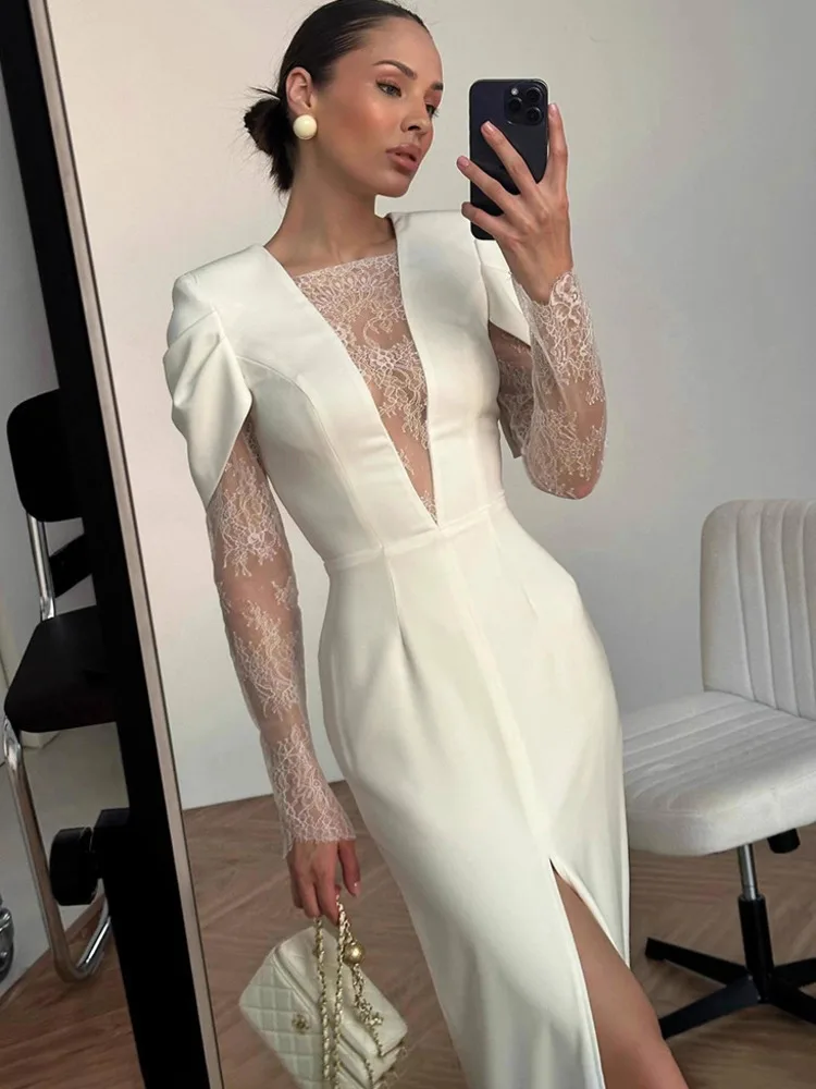 Oniflyme Hohe Schlitz Spitze Patchwork Maxi Kleid Frauen Elegante O Hals Langarm Sheer Bodycon Kleider Dame Abend Party Vestido