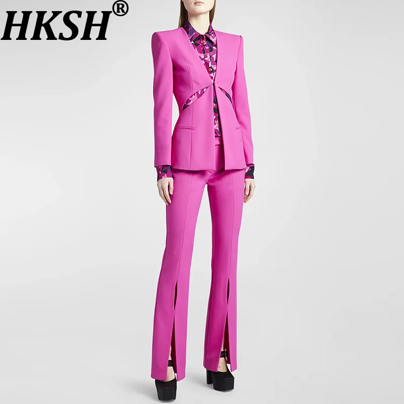 HKSH 2026 Spring Autumn New Women Two-piece Suit Set Elegant V-neck Hollow Out Slim Fit Blazer Split Hem Pants Ins Shirt HK18850