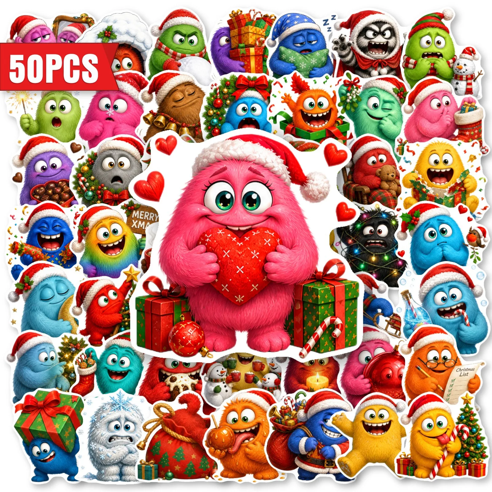 50 Pcs Cute Christmas Monster Holiday Decorative Stickers for Multi‑Surface DIY Crafts
