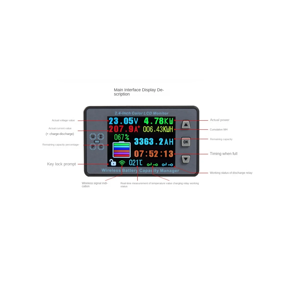 VAC8810F 2.4 Cal bezprzewodowy miernik napięcia + skrzynka pomiarowa kulometr pojemność detektor mocy 120V 100A Tester Monitor