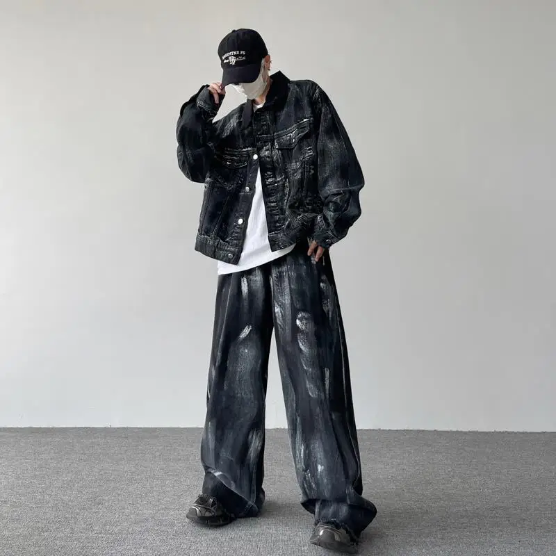 

Loose Casual Workwear Jacket And Jeans Set for Men Street Style Hip Hop Splashed Ink Denim Jacket Youth Autumn Long Sleeve Shirt