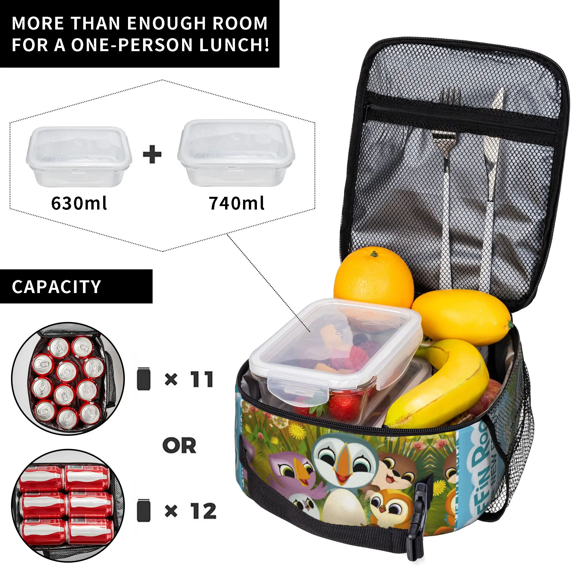 Puffin Rock Oona Baba Insulated Lunch Tote Bag for Outdoor Cartoon TV Watercolor Reusable Cooler Thermal Large Size Food Bag