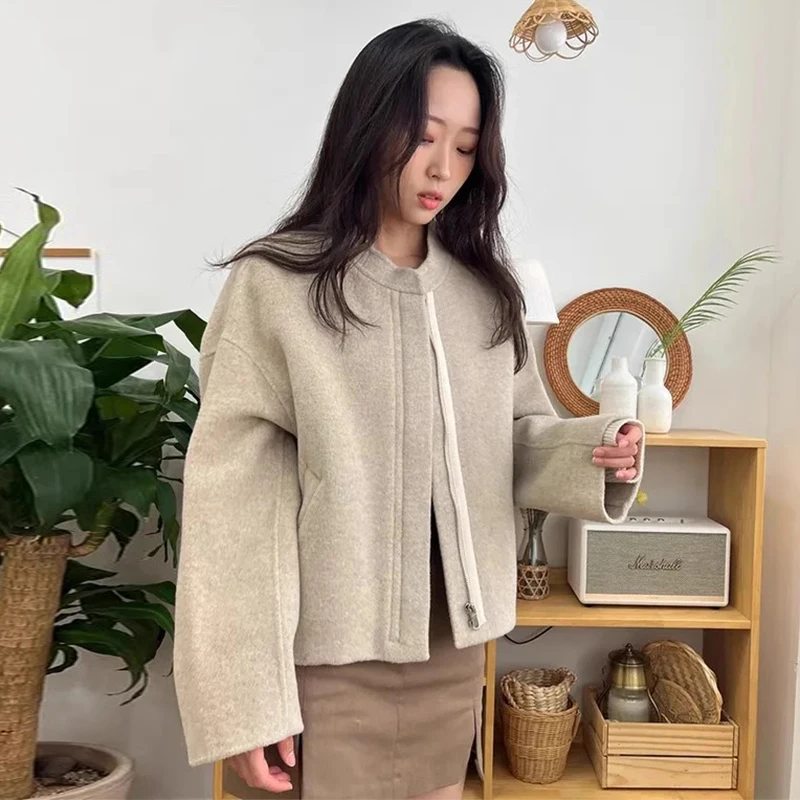 Chic Herbst Lose Fit Lange Sve Zipper Jaet Woolen Mantel Stehkragen Casual Vielseitig frauen Faion Koreanische Sle