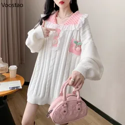 Autunno Sweet Lolita Style pullover lavorati a maglia donna Kawaii Cherry Lace Ruffles Peter Pan Collar maglione allentato maglieria femminile top